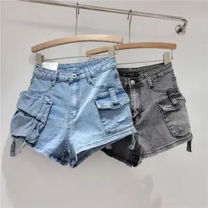 2024 Women'S Sexy High-Waisted A-Line Wide-Leg Pants Girly Skinny Irregular Pockets High Waist Denim Cargo Shorts