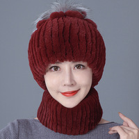 Ensemble chapeau et écharpe en fourrure de lapin Rex véritable, tricoté à la main, chaud et coupe-vent pour l'hiver, pour femmes, vente en gros OEM