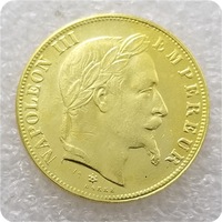 Réplica de Moneda de 50 Francos de 1859 Chapada en Oro, con Cabeza de Napoleón III Emperador, Fabricada en Latón