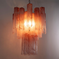 Grand Lustre Tube d'Albâtre Rose en Verre de Murano à Trois Niveaux