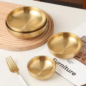 Hot Pot Bbq Restaurant Double Layer Korean Style Stainless Steel Small Side Dish Gold Sauce Dipping Bowl