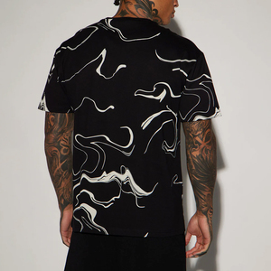 T-shirt KingSen pour homme, coupe ample, imprimé abstrait fluide, coton lourd, style hip-hop streetwear, décontracté, graphique - Product Image 5