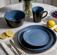 Service de table de luxe 16 pièces en grès noir et bleu, assiettes, bols et tasses en céramique pour 4 personnes, compatible lave-vaisselle et micro-ondes, haute qualité
