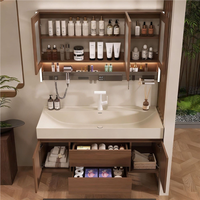 Meuble de salle de bain moderne en contreplaqué intégré avec baignoire, lavabo en pierre, coiffeuse et miroir intelligent, design mural
