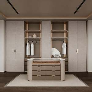 Armoire d'angle moderne minimaliste sur mesure avec îlot de rangement en bois clair et zones organisées - Product Image 5