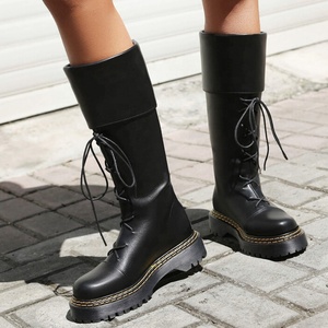 Large Size 48 Women Flat Lace up Knee High <b>Boots</b> Knight Round Toe Long Booties Wide Fit Zipper Patent Shoes - Product Image 5