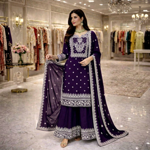 Ensemble Salwar Kameez en soie Fandy lourde, orné de pierres gaufrées violettes, pour femmes indiennes et pakistanaises, tenue de fête traditionnelle, robe de mariage - Product Image 1