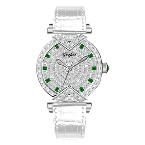 Montre mécanique de luxe pour femme avec logo personnalisé, incrustation de diamants, mouvement japonais NH05, étanche 50M, bracelet en cuir de vachette, montre pour femme - Product Image 1