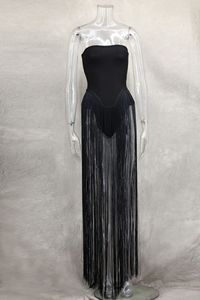 Fashion Design Long Tassel Patchwork <strong>Strapless</strong> Bandage <strong>Bodysuit</strong> Women Sexy High Street Evening Party Nightclub Hotwife Outfit - Product Image 4