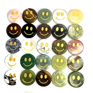 Natural Engraving Gemstone Crystal Smiley Face Coins Rose Clear Quartz Tiger Eye Polished Reward Smiley Face Jewelry Gifts