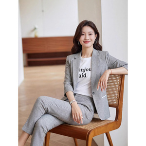 Women's Three Quarter Sleeve <b>Blazer</b> And Pants <b>Set</b> Grey Anti Wrinkle Formal Suit For Commute Spring Summer Autumn - Product Image 1