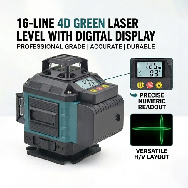 16 Lines 4D Green Digital Laser Level 360 Self Leveling, High Precision Horizontal Vertical Cross Line Laser with Remote