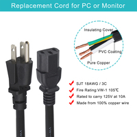 Cable de Alimentación de PVC de 10 Pies con Enchufe NEMA 5-15P a Conector IEC C13, 16AWG, IP11, para Electrodomésticos y Computadoras, Estándar Estadounidense