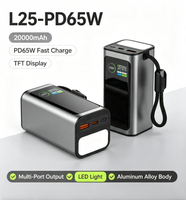 Chargeur portable 20000mAh avec écran couleur TFT ABS, affichage numérique, lumière LED, sangle de suspension, Type-C 65W pour utilisation en extérieur
