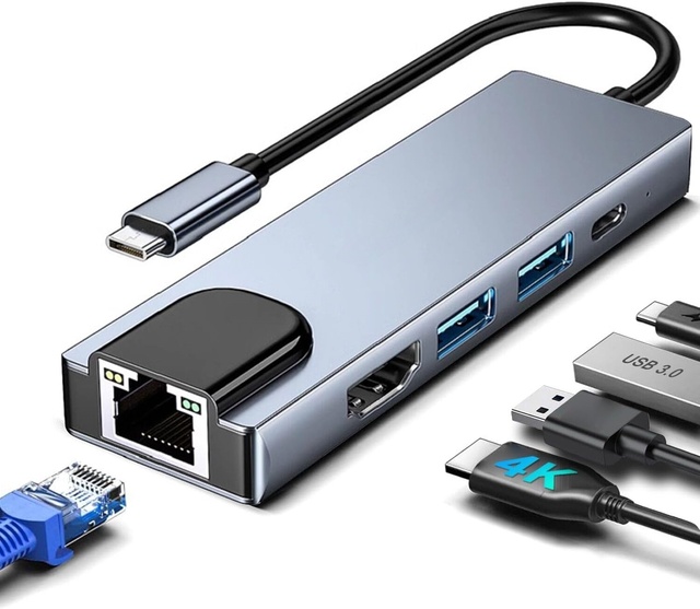 5-in-1 USB C Hub Laptop USB 3.0/2.0 4K for 2.1 100W PD Gigabit Ethernet Aluminium Material Card Reader 5Gbps Speed in Stock