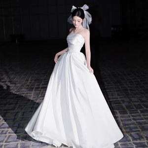 Strapless Satin Wedding Dress Natural Waist Floor Length For Brides Coming Of Age Ceremony White Simple Style - Product Image 3