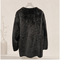 Veste mi-longue en peau de mouton pour femme, noire, gris chiné, col rond, garniture en laine et cuir, vêtement d'extérieur d'hiver, OEM ODM