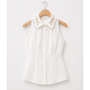 Chemise sans manches boutonnée pour femme, col brodé élégant, décontractée, douce et confortable, haut tendance pour l'été - Product Image 1