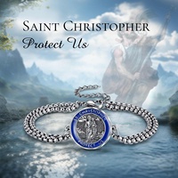 Bracelet Saint Christophe en argent plaqué, émail bleu, protection contre les maux de voyage, chaîne cubaine ajustable, bijoux en gros