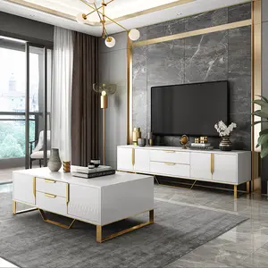 Mesa de centro de acero inoxidable, mueble de lujo blanco, alto brillo, MDF con cajones, mesas de centro y soporte de tv