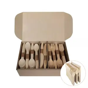 Eco Friendly 160mm Wood Degradable Biodegradable Table Handle Knife Fork Spoon Spork Disposable Set Wooden Cutlery For Kitchen