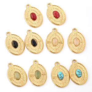 Pendentif ovale en acier inoxydable avec incrustation de pierres naturelles turquoise, rouge, noir et vert pour la fabrication de boucles d'oreilles, accessoires de bijouterie H1322 - Product Image 4