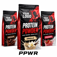 Sachet d'emballage personnalisé pour poudre protéinée, imprimé en héliogravure, noir et rouge, style gym, fond plat, anti-humidité, avec votre logo pour le fitness
