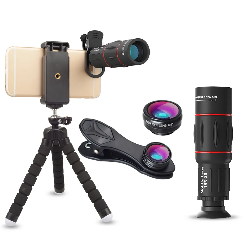 Jual Produk Terbaik APEXEL Lensa Kamera Mobile 18X Teleskop Lensa 4 In 1 Wide Macro Fisheye Lensa Kit dengan Tripod