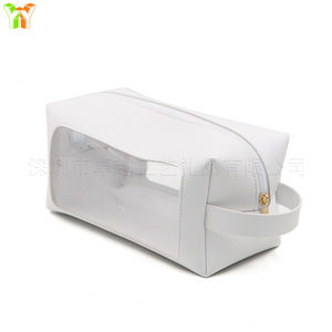 New minimalist transparent cosmetic <b>bag</b>, portable large-capacity storage <b>bag</b>, high-value PU leather patchwork waterproof - Product Image 5