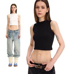 220GSM algodón Baddie camiseta para mujer Slim Fit sin mangas recortada cuello redondo Color sólido - Product Image 3