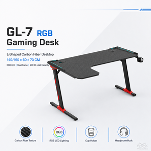 Escritorio para juegos en forma de L con superficie de fibra de carbono con LED RGB y soporte para tazas para configuración de computadora - Product Image 4