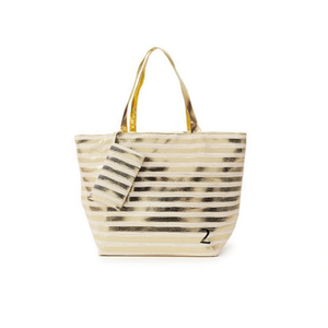 Sac de plage rayé or et argent 57x37x17 cm avec petit sac assorti, sac fourre-tout promotionnel - Product Image 1