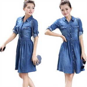 Robe en jean pour femme, manches courtes, boutonnée sur le devant, couleur unie, décontractée, été, automne, hiver, coton lavé écologique, coupe ample - Product Image 3