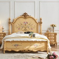 Lit à baldaquin JINS en bois massif peint à la main, doré, style vintage français, taille Queen, chambre principale, luxe, royal, romantique, classique