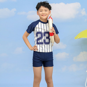 Traje de baño Baiya para niños, de dos piezas, manga corta, secado rápido, número 23, azul, con estampado de cocoteros, para 4-6 años - Product Image 1