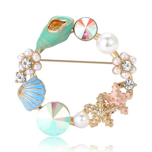 Broche Nautique en Émail Coquillage Étoile de Mer Fausse Perle, Alliage Plaqué Or, Motif Couronne de Cristaux, Épingle de Revers pour Décoration de Robe - Product Image 6