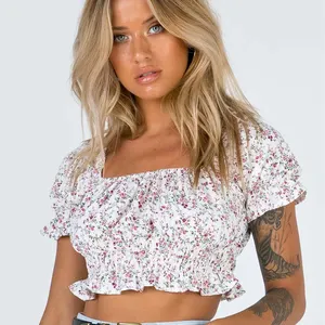 Bohemian Retro Ditsy Bloemen Kelderen Hals Dichtgeknoopt Crop Top Shirred Blouse Vrouwen Zomer Bladerdeeg Mouw Voorzien Vintage Blouses