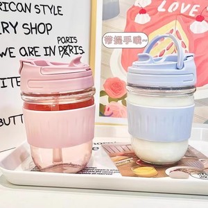 ขวดน้ำแก้วแบบสองชั้น 350 มล. พร้อมฝาปิด แก้วกาแฟพกพาสำหรับสาวๆ แก้วนมพร้อมฝาปิดและหลอด - Product Image 3