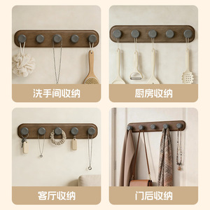 Wall Mounted Clothes Rack With <b>Hooks</b> Gunmetal Walnut Wood Grain Self Adhesive For Kitchen <b>Bathroom</b> Entryway - Product Image 5