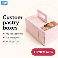 Boîte à pâtisserie rose personnalisée avec fenêtre transparente et poignée de transport, emballage pour boulangerie