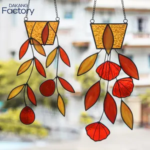 Hängen Sie Metall dekorative Objekte Pflanze Blume Glasmalerei Sun catcher Glas Ornament Wand kunst für Home Decoration