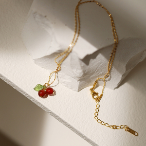 Collier tendance en acier inoxydable pour femme, pendentif cerise en verre, chaîne plaquée or 18 carats motif vague d'eau, pierre principale agate, 18 pouces - Product Image 5
