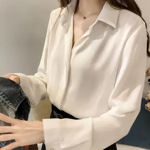 Chic ragazze coreane camicia semplice New Office Lady risvolto Cardigan sottile tinta unita Casual donna estate top camicetta in Chiffon per donna