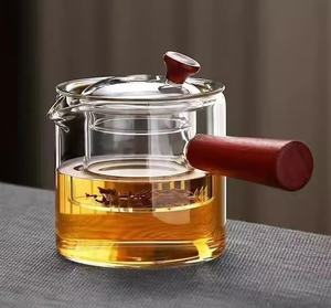 Théière moderne en verre borosilicate de haute qualité avec poignée en <span class=keywords><strong>bois</strong></span>, filtre PC, tasse à thé et infuseur intégré - Product Image 3