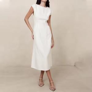 Vestido Midi de Lino 100% Personalizado para Mujer, Ecológico, Transpirable, Estilo Bohemio Informal con Parches, Color Sólido para Primavera - Product Image 2