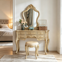 Ensemble de coiffeuse de luxe en bois massif sculpté doré, style français européen, pour chambre à coucher, villa, hôtel, OEM ODM, vente en gros