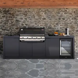 Kabinet Bbq dapur luar ruangan baja tahan karat logam kustom pintu kayu taman luar Set lengkap lemari dapur BBQ