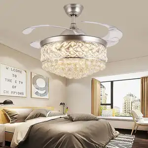 Luxury Chandelier Crystal Ceiling Fan LED Invisible Blade Dimmable With 3 Blade Fan For Living Dining Room