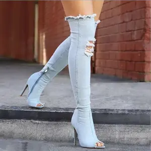 Botas femininas cano alto, calçados de denim para mulheres, boca noturna, tamanho grande, acima da coxa, novo, 2021