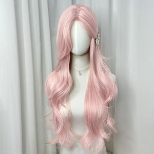 Perruque longue bouclée rose avec frange latérale, ligne de cheveux naturelle, fibre Kanekalon, couvre-tête complet pour femmes - Product Image 3